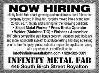 Sheet Metal Worker, Infinity Metal Fab, Royalton, MN